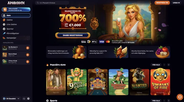 Aphrodite Casino välkomstbonus upp till 7 000 € fördelad över de första 5 insättningarna