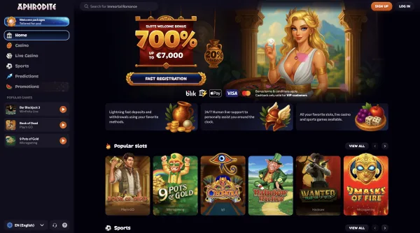 Aphrodite Casino welcome bonus up to 7 000 € split across the first 5 deposits