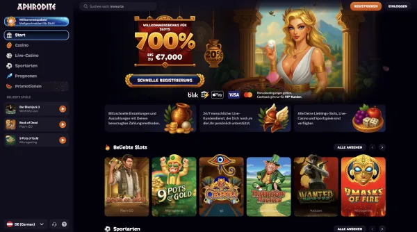 Aphrodite Casino Willkommensbonus bis zu 7 000 €, verteilt auf die ersten 5 Einzahlungen