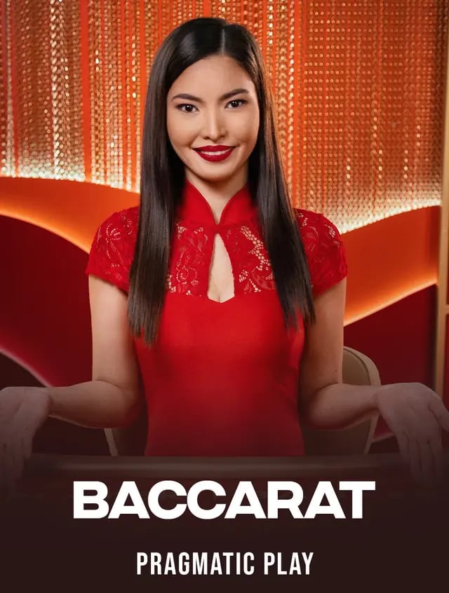 Live Pragmatic Play Baccarat, dealer i röd klänning på glittrande orange bakgrund